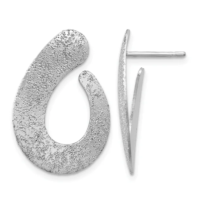 A pair of silver textured hoop earrings with a hammered finish, shown from front and side views with posts and backs displayed.