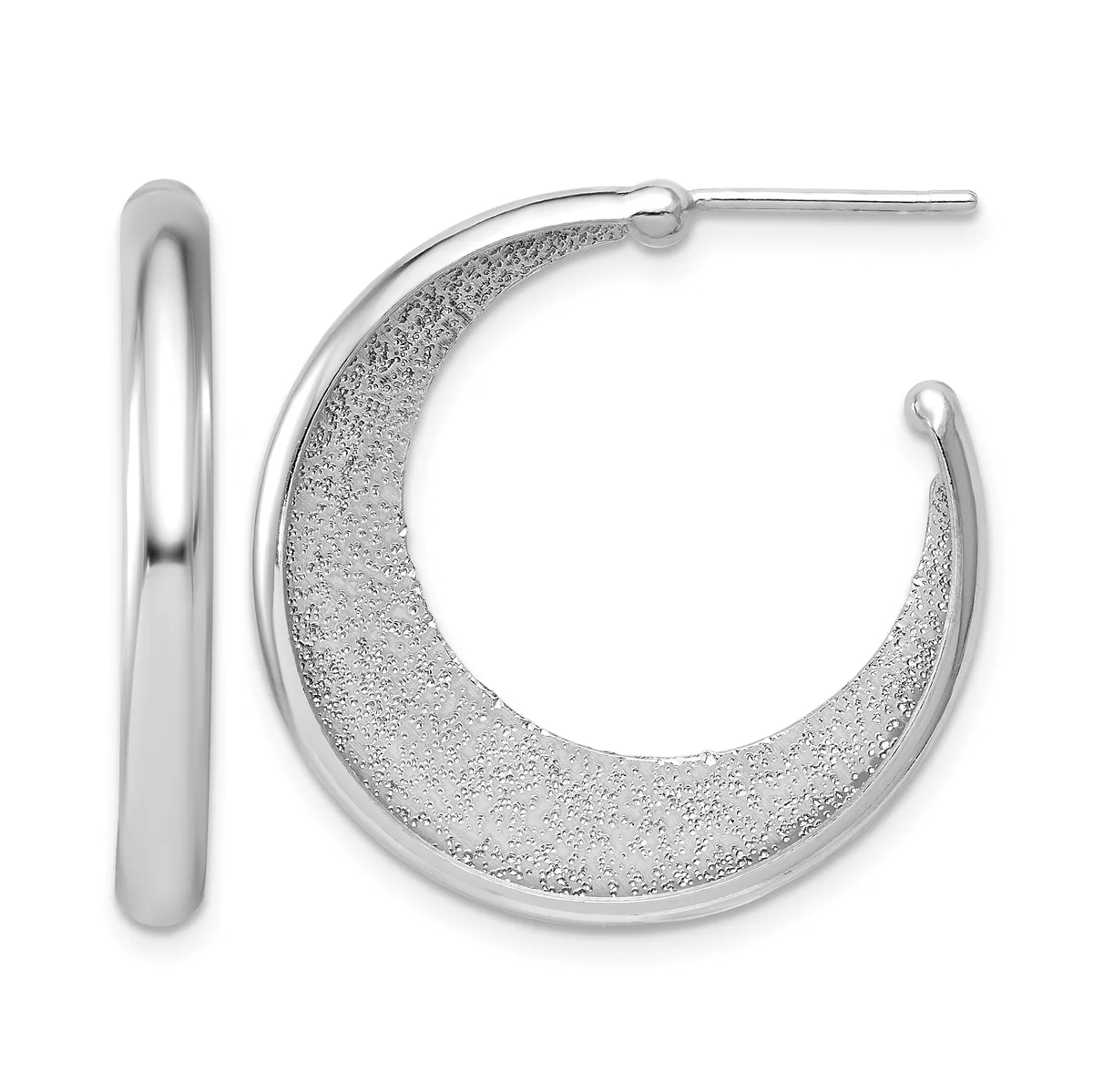 Pair of silver hoop earrings, one with polished finish and one with textured finish, displayed against a white background.