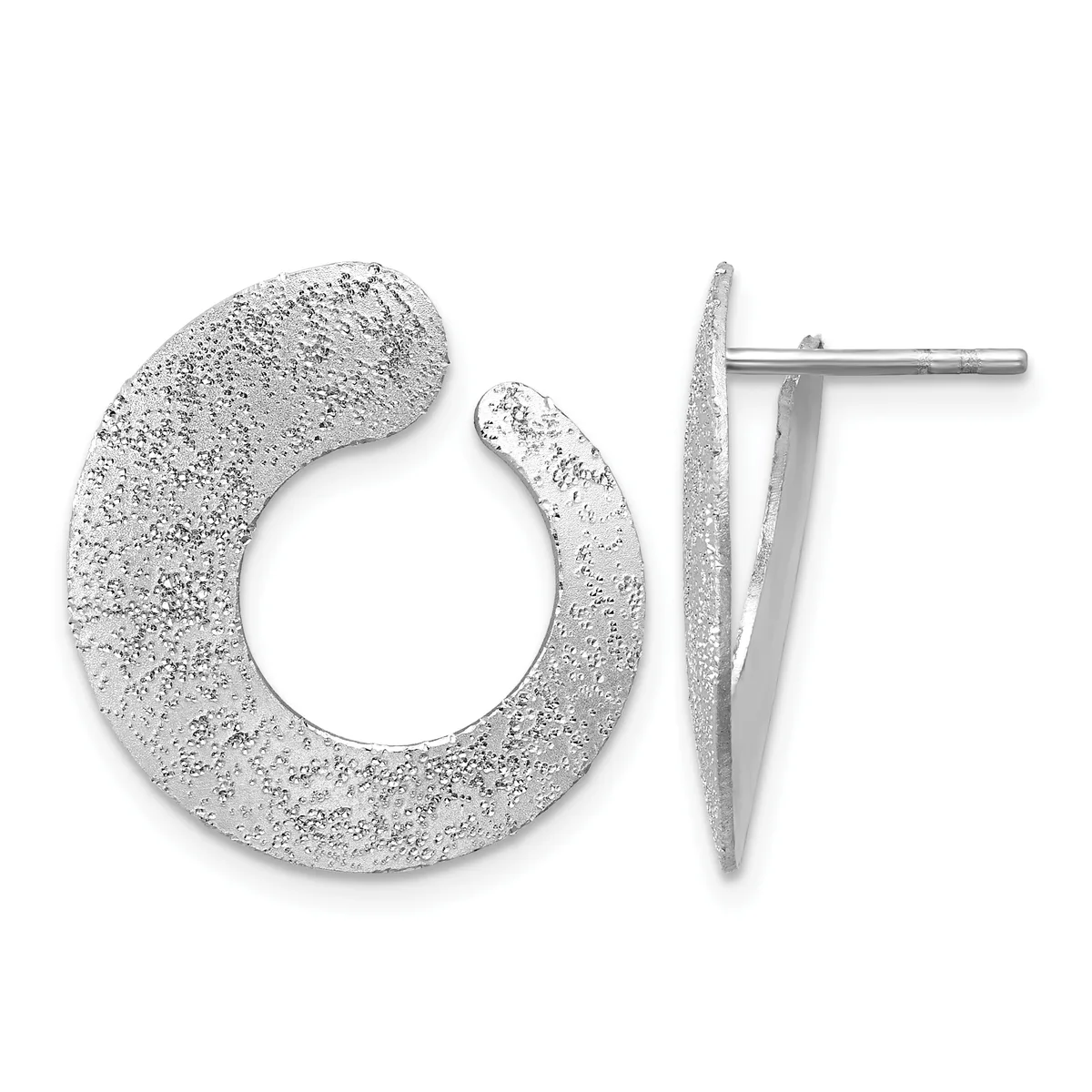 Pair of textured silver hoop earrings with a frosted finish, displayed from front and side views.