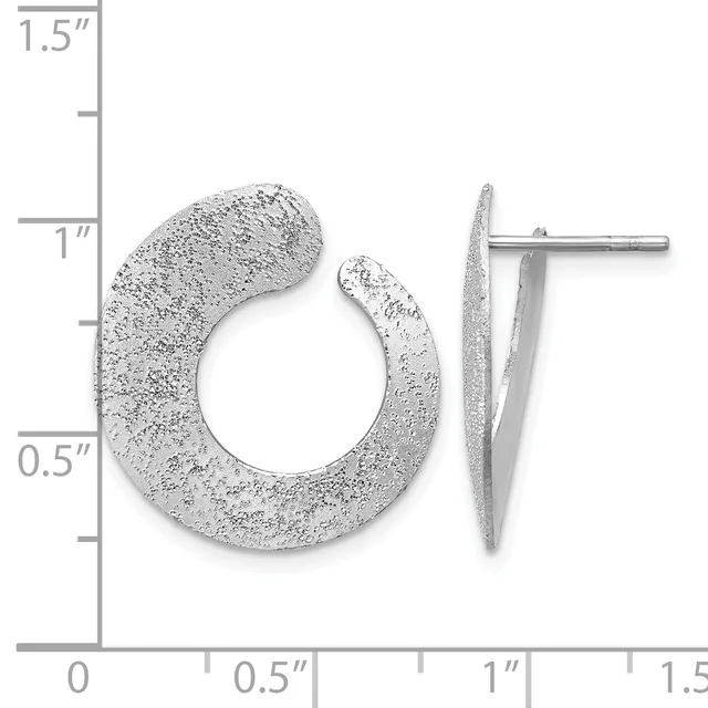 Pair of silver textured chunky hoop earrings with post backs, shown next to a ruler indicating approximately one inch in diameter.