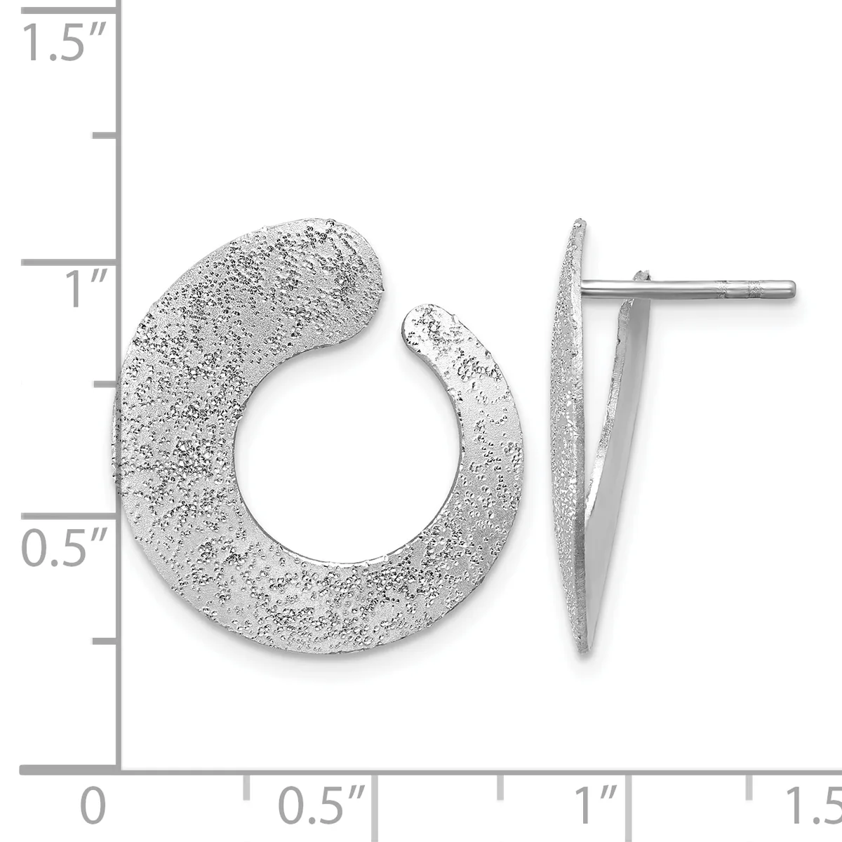 Pair of silver textured chunky hoop earrings with post backs, shown next to a ruler indicating approximately one inch in diameter.