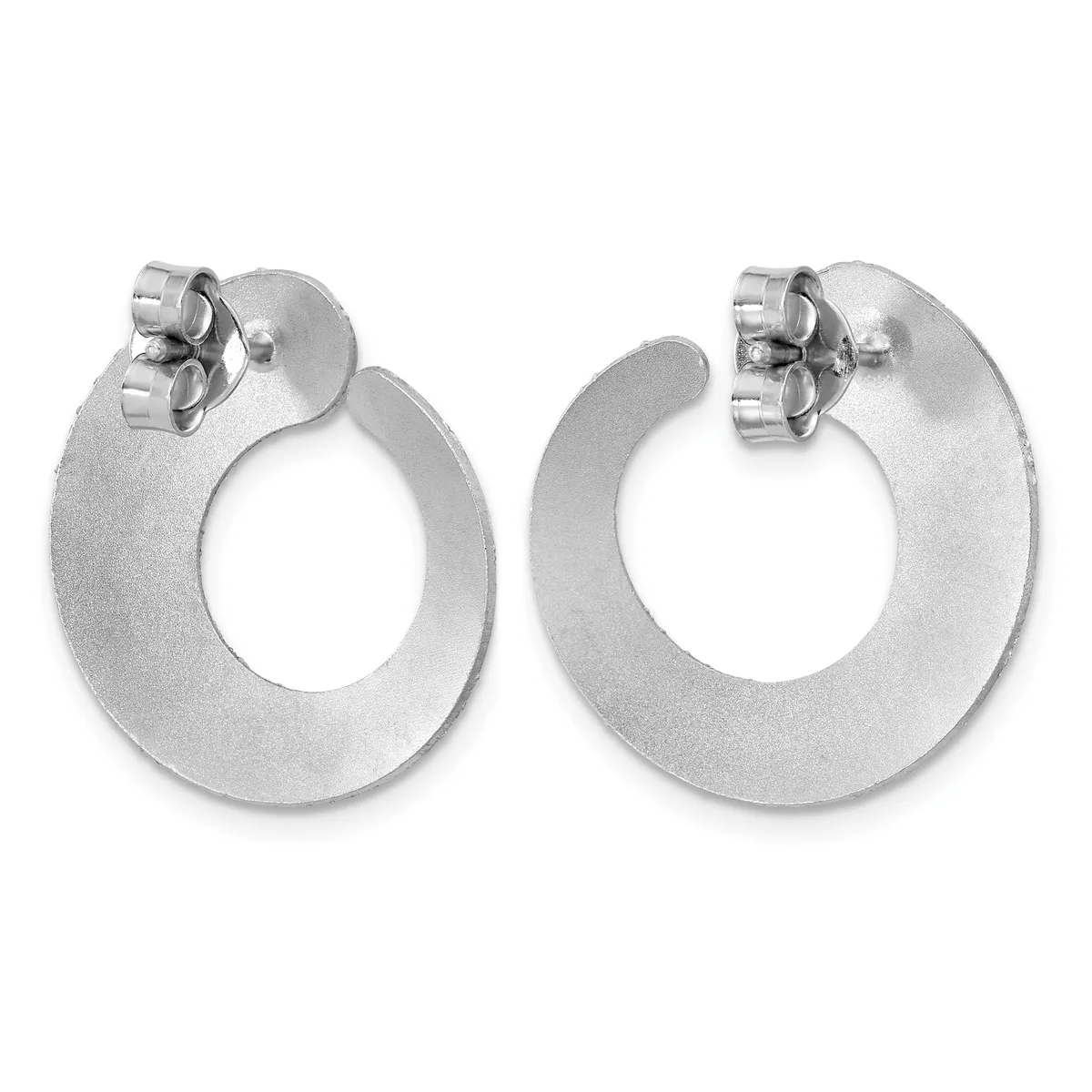 A pair of silver-toned chunky circular hoop earrings with a brushed matte finish and stud backs, displayed side by side.