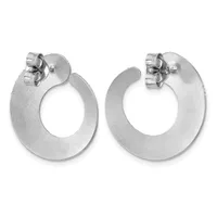A pair of silver-toned chunky circular hoop earrings with a brushed matte finish and stud backs, displayed side by side.