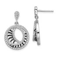 A pair of silver dangle earrings with circular loops framed by pavé-set diamonds and black enamel stripes through the center, shown from front and side views.