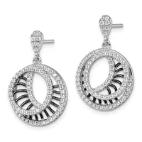 Pair of silver teardrop earrings with diamond pavé settings and black enamel striped oval centers, shown on posts.