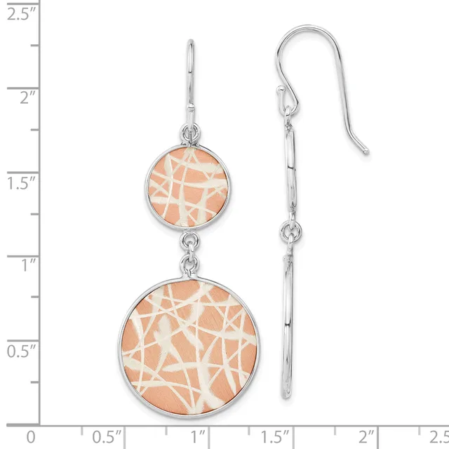 Pair of silver dangle earrings with two-tiered peach and white patterned circular pendants, shown against a measurement scale up to 2.5 inches.