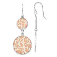 Pair of silver dangle earrings with two connected circular charms featuring a peach and white geometric pattern, shown from front and side views.