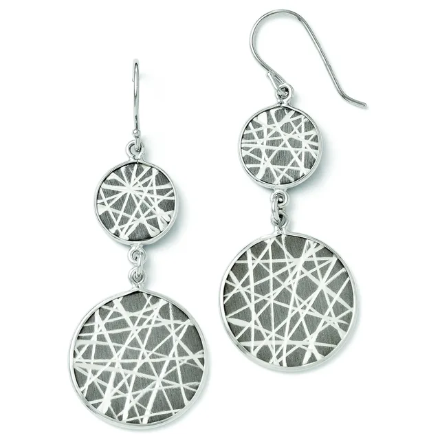 A pair of silver dangle earrings with two circular pendants each featuring a geometric web or starburst pattern, suspended from fish hook ear wires.