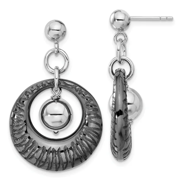 Pair of silver dangle earrings with polished ball studs, textured circular rings, and small spheres hanging below, shown from front and side views.