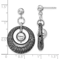 Two silver dangle earrings with polished ball studs, decorative textured circles, and inner circles with small ball charms, shown front and side view with measurement scale.