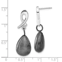 A pair of silver teardrop earrings with brushed gray finish, hanging from curved silver posts with small rings, displayed against a measurement scale showing approximately 1.5 inches in length.