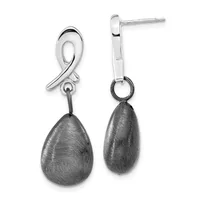 A pair of silver dangle earrings with teardrop-shaped dark gray brushed metal pendants suspended from curved silver posts with small connectors.