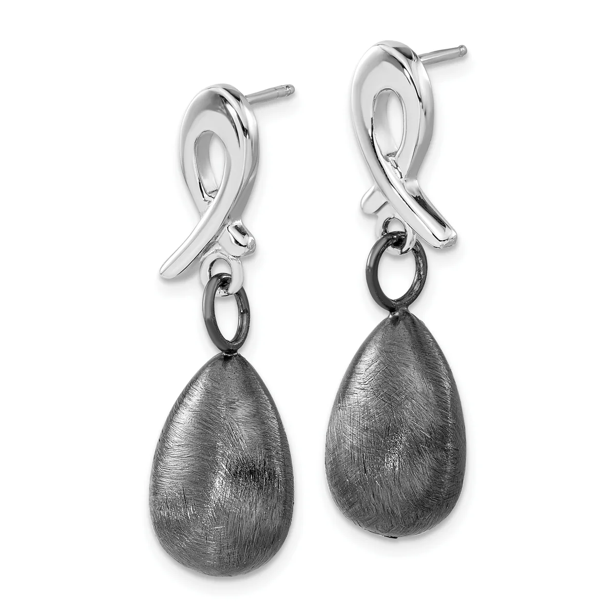 A pair of silver teardrop earrings with brushed gray finish and polished curved silver tops, displayed against a white background.