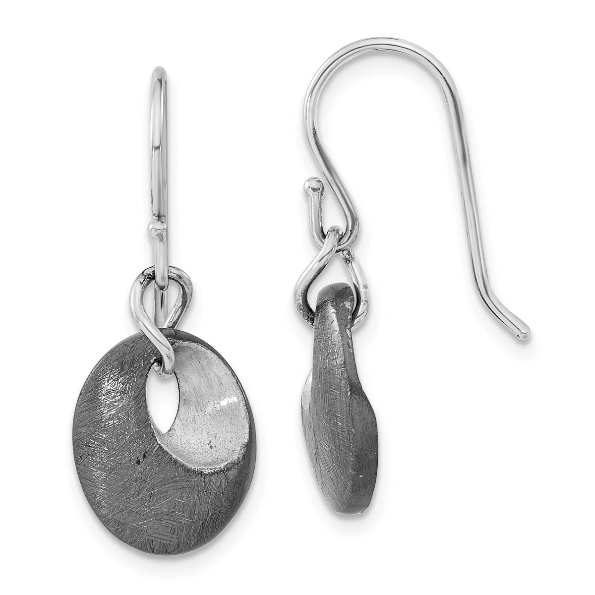 A pair of silver dangle earrings with oval disc charms and curved wire hooks, shown from front and side views.