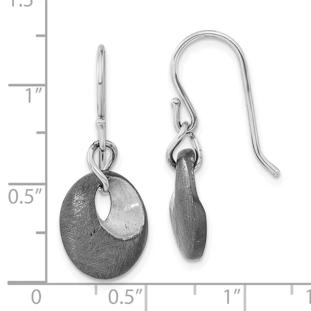A pair of silver dangle earrings with oval pendants featuring a cutout detail, displayed next to a measurement ruler showing approximately 1.5 inches in length.