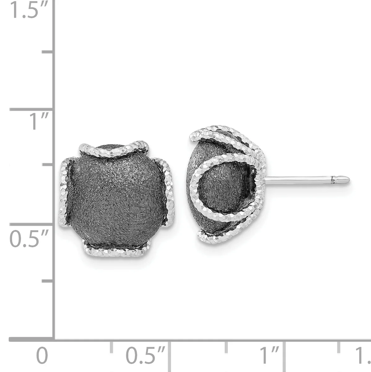 A pair of square stud earrings with textured dark metal faces and decorative twisted silver-tone bezels, shown next to a measurement ruler.