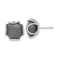 Pair of square stud earrings with textured dark gray centers surrounded by polished silver borders, shown from front and side views.