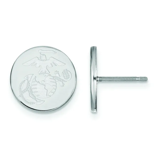 Pair of silver circular cufflinks with an engraved eagle and globe emblem, shown from front and side views.