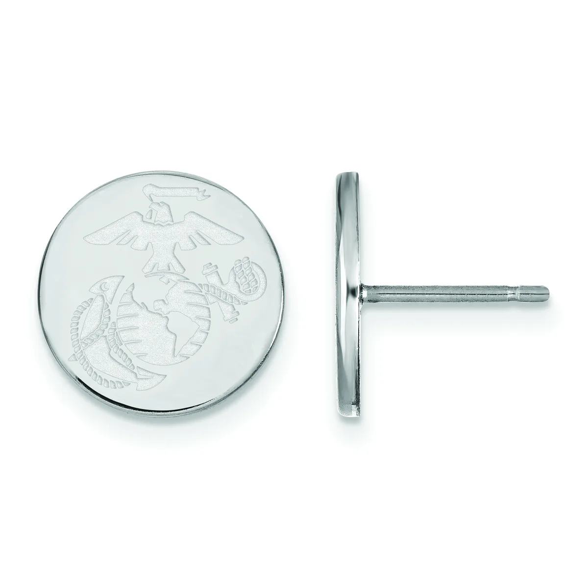Pair of silver circular cufflinks with an engraved eagle and globe emblem, shown from front and side views.