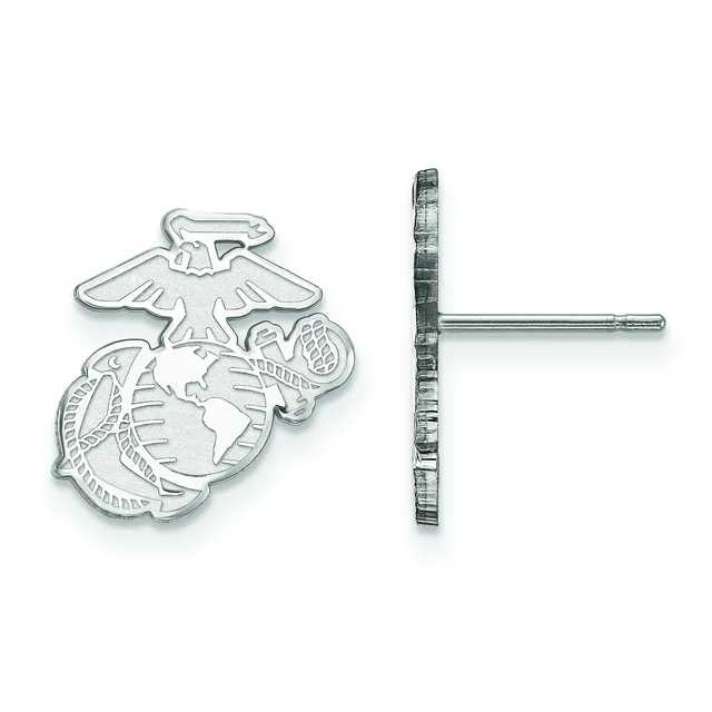 Two sterling silver earrings featuring the Marine Corps emblem with an eagle, globe, and anchor design, shown from front and back views with post backs.