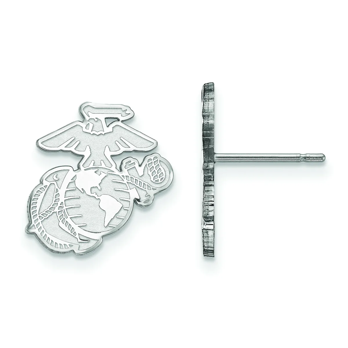 Two sterling silver earrings featuring the Marine Corps emblem with an eagle, globe, and anchor design, shown from front and back views with post backs.