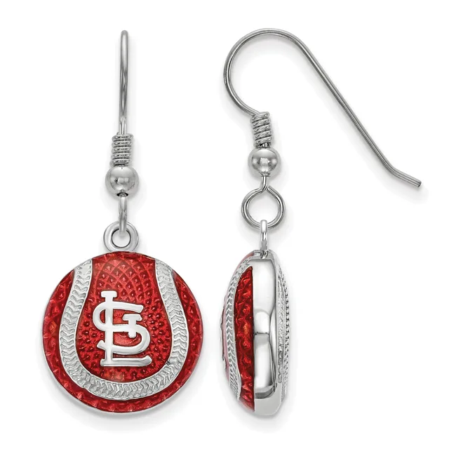 Pair of red and silver baseball-themed dangle earrings with interlocking curved wire hooks, shown from front and side views.