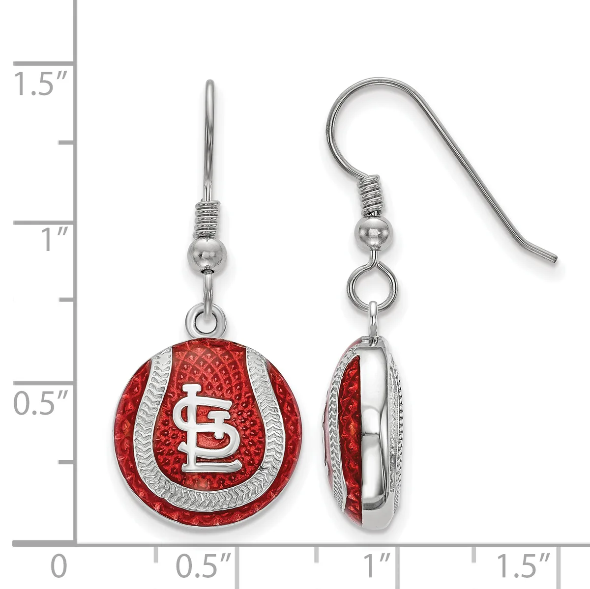 Pair of red and silver baseball-themed dangle earrings with white logo, shown next to a measurement scale indicating approximately one inch in length.