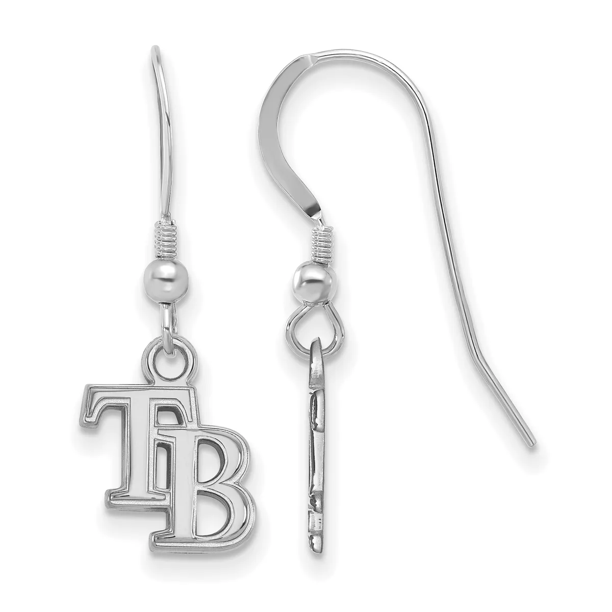 Pair of silver-toned drop earrings with fish hook wires, each featuring a decorative bead and an outlined "TB" charm pendant.