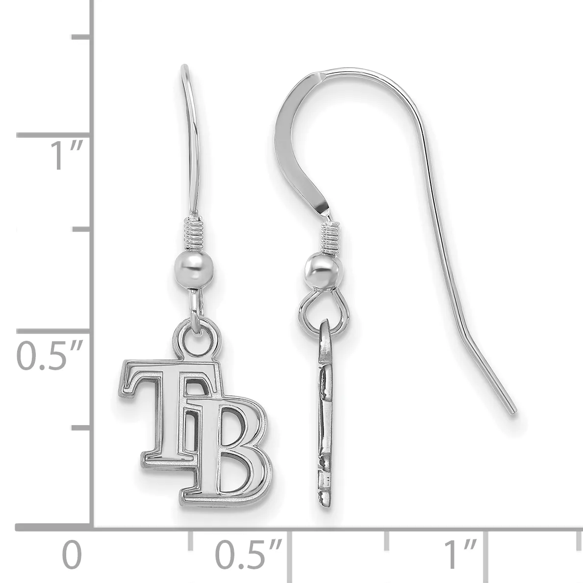A pair of silver dangle earrings with TB charms hanging from fish hook wires, shown next to a measurement scale indicating approximately one inch in length.