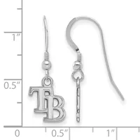 A pair of silver dangle earrings with TB charms hanging from fish hook wires, shown next to a measurement scale indicating approximately one inch in length.
