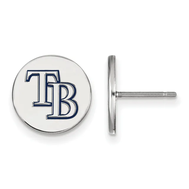 Pair of silver stud earrings with white circular faces featuring a blue outlined "TB" monogram, shown from front and side views.
