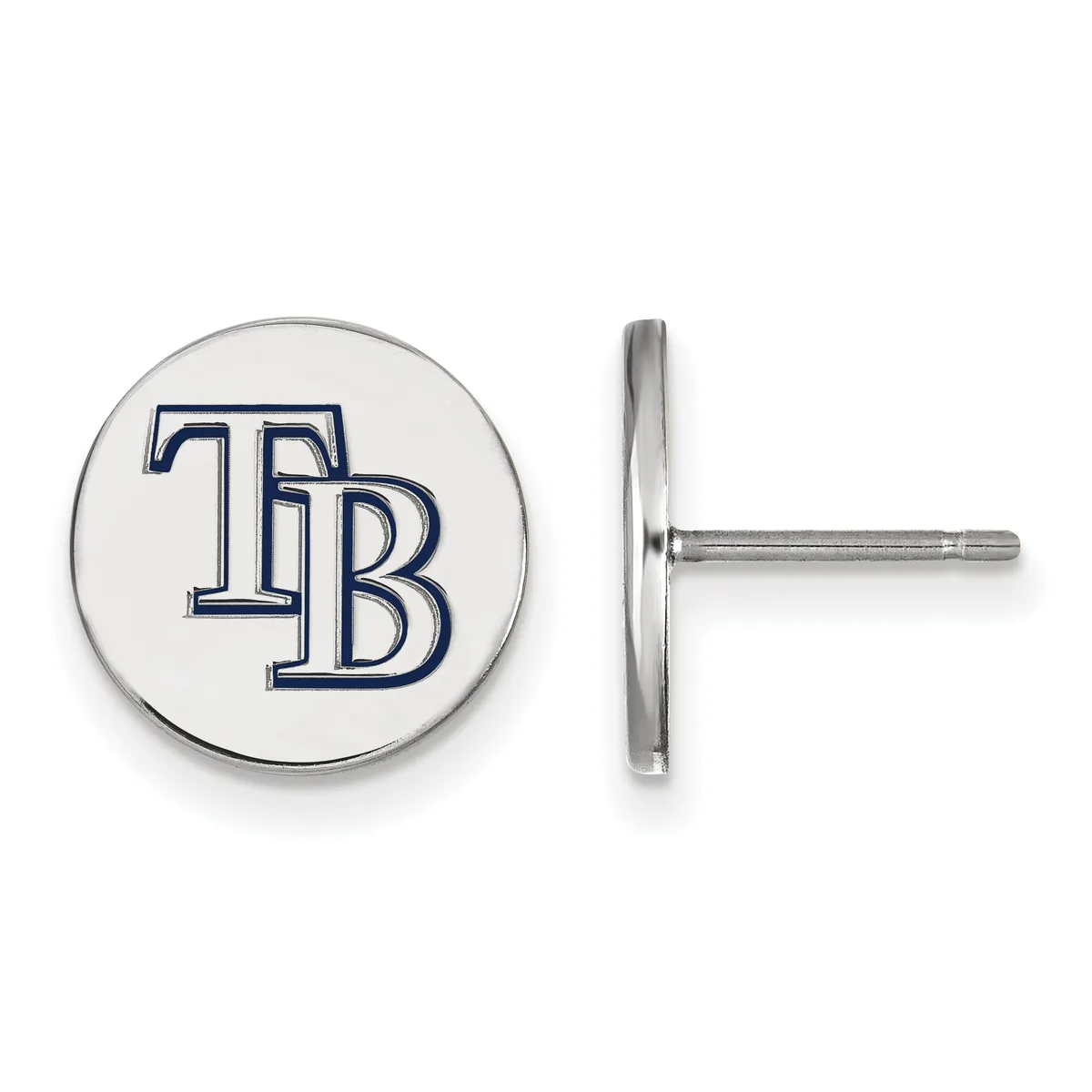 Pair of silver stud earrings with white circular faces featuring a blue outlined "TB" monogram, shown from front and side views.