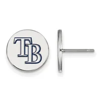 Pair of silver stud earrings with white circular faces featuring a blue outlined "TB" monogram, shown from front and side views.