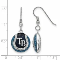 Pair of dangling earrings featuring round pendants with blue and black enamel inlay, silver-tone metal bezels, and matching hook ear wires, shown with measurement scale.