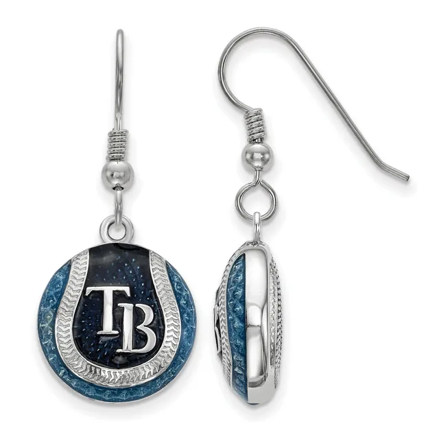 A pair of silver dangle earrings with blue and black circular pendants featuring white enamel accents, shown from front and side views.