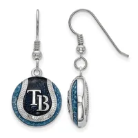 A pair of silver dangle earrings with blue and black circular pendants featuring white enamel accents, shown from front and side views.