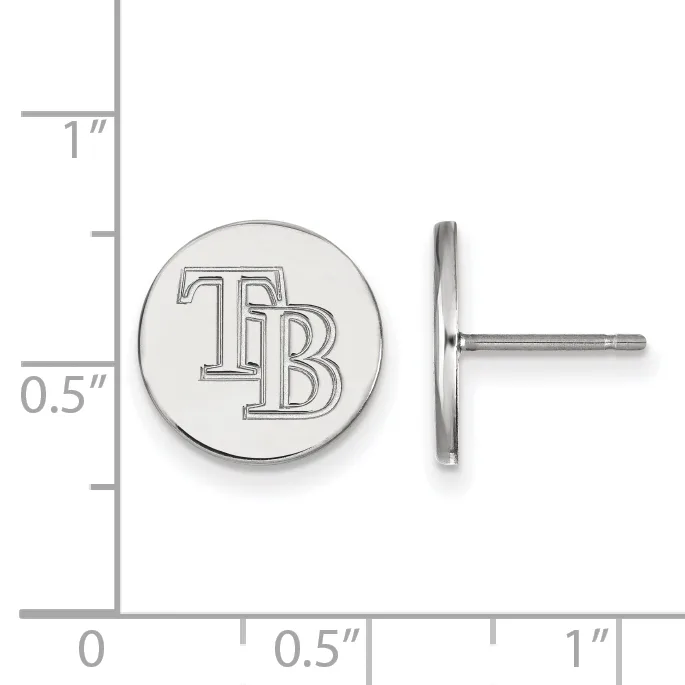 Silver-colored circular stud earrings with "TB" engraved on the front, shown front and side view with a ruler indicating approximately 0.5 inch diameter.