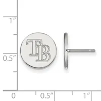 Silver-colored circular stud earrings with "TB" engraved on the front, shown front and side view with a ruler indicating approximately 0.5 inch diameter.