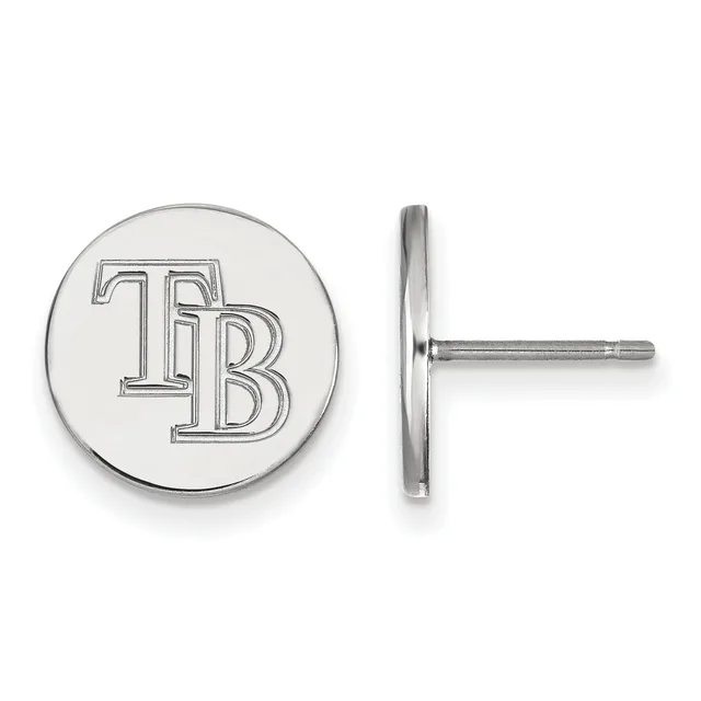 Pair of silver-colored circular stud earrings with "TB" monogram, shown from front and side view to display the posts and backs.