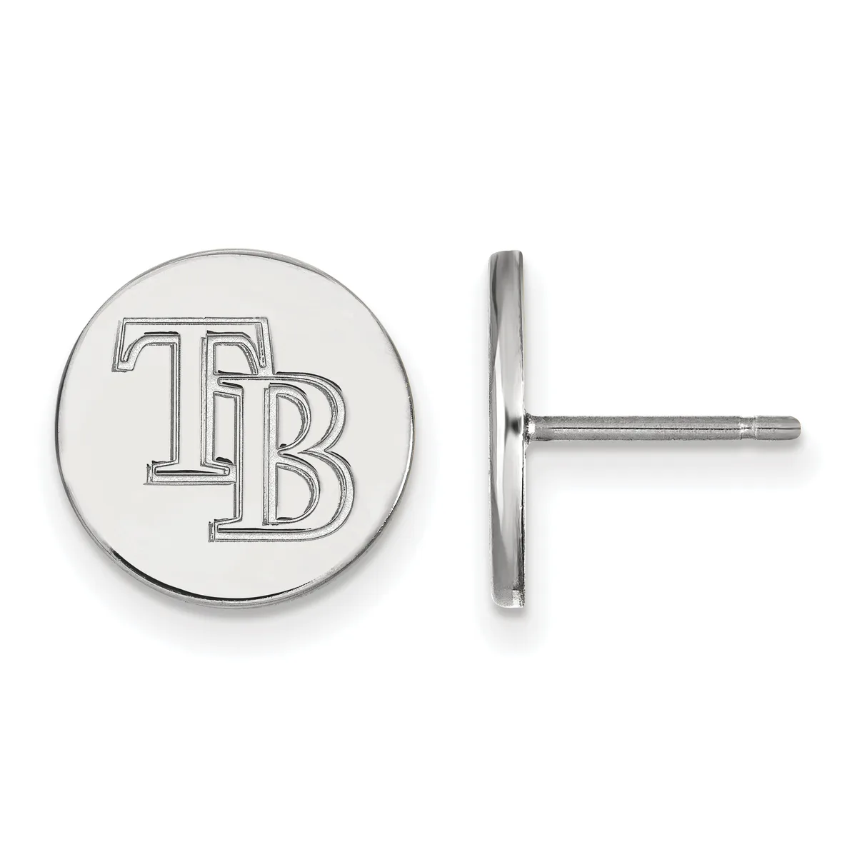 Pair of silver-colored circular stud earrings with "TB" monogram, shown from front and side view to display the posts and backs.