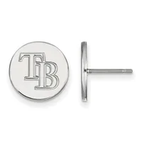 Pair of silver-colored circular stud earrings with "TB" monogram, shown from front and side view to display the posts and backs.