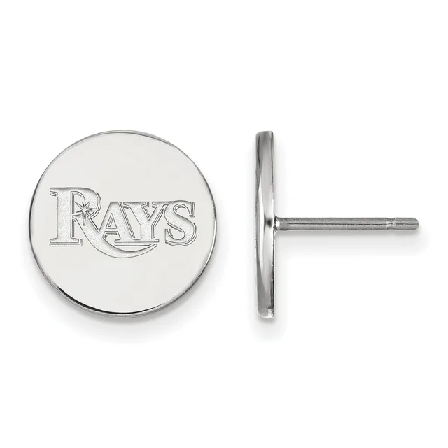 Pair of silver circular stud earrings with engraved text on the front and thin post backs shown from front and side views.