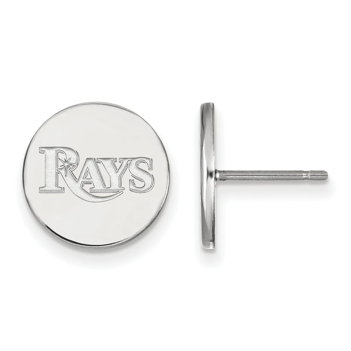 Pair of silver circular stud earrings with engraved text on the front and thin post backs shown from front and side views.