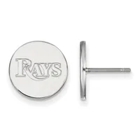 Pair of silver circular stud earrings with engraved text on the front and thin post backs shown from front and side views.