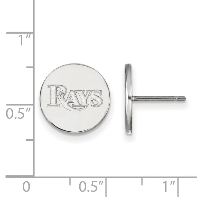 Round silver stud earrings with engraved text, shown front and side view next to a measurement ruler indicating approximately one-half inch diameter.