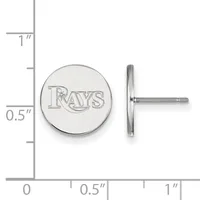Round silver stud earrings with engraved text, shown front and side view next to a measurement ruler indicating approximately one-half inch diameter.