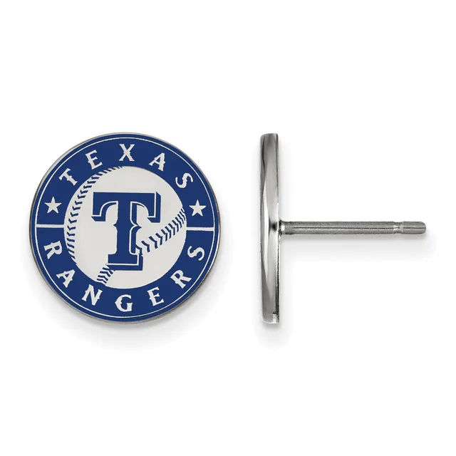 A pair of round stud earrings with a blue and silver baseball team logo featuring a letter T and baseballs, shown from front and side views.