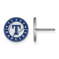 A pair of round stud earrings with a blue and silver baseball team logo featuring a letter T and baseballs, shown from front and side views.