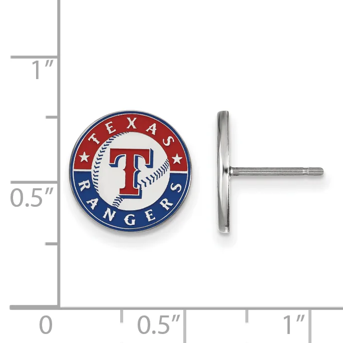 A circular enamel earring post with red and blue coloring and a baseball design, shown next to a measurement scale indicating its small size.