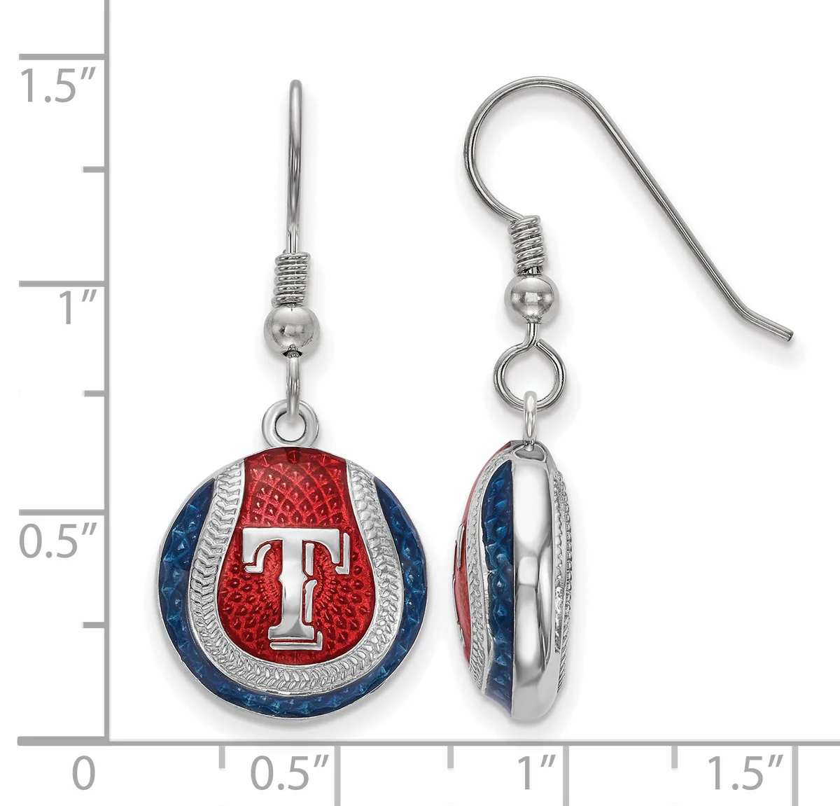 Pair of dangle earrings featuring red and blue enamel circular pendants with silver-tone metal accents, shown against a ruler measuring approximately one inch in diameter.